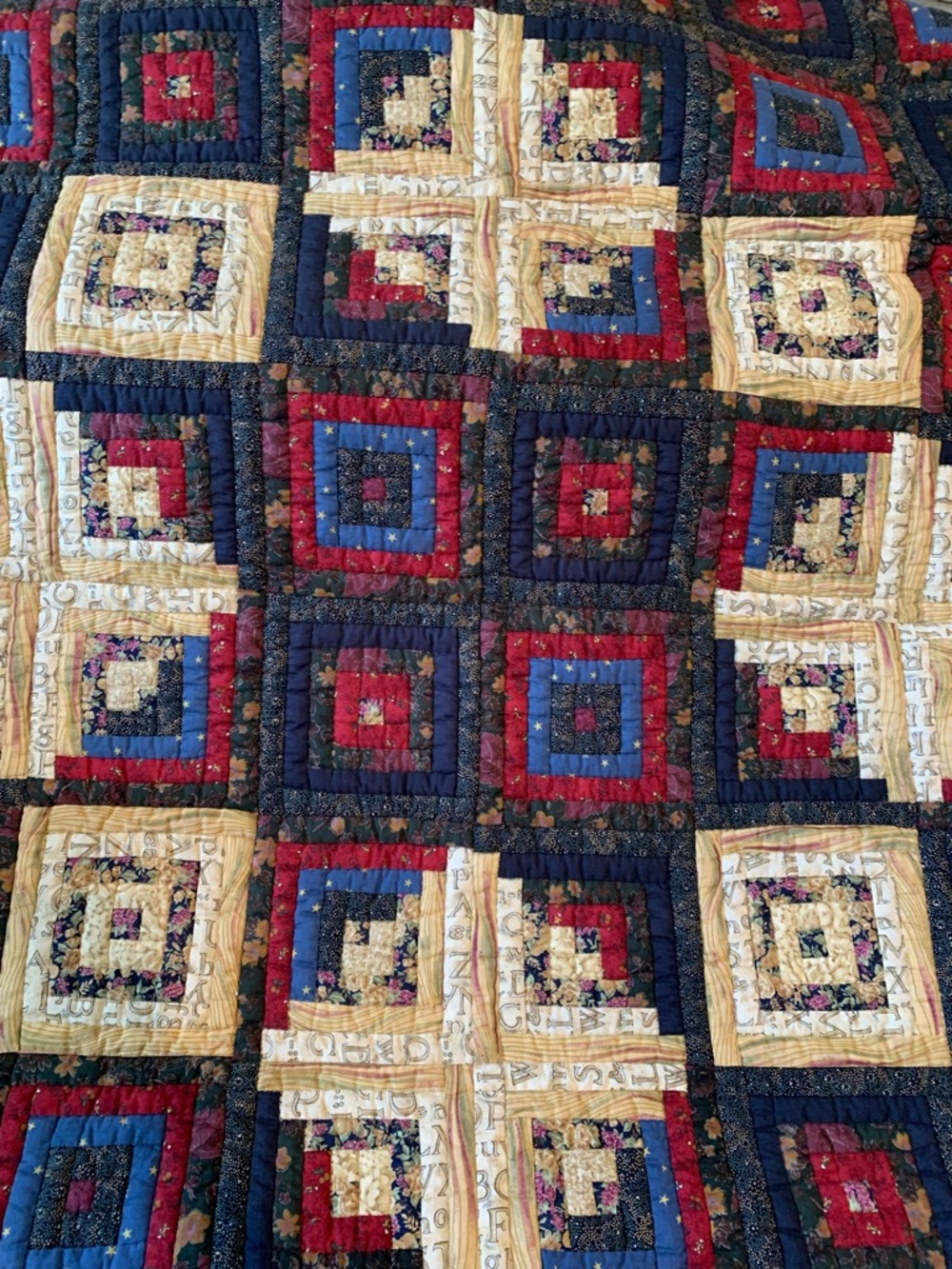 Handmade Log Cabin Patchwork Quilt - Navy, Red, Cream
